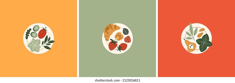 Various food on the plates. Organic food collection. Vintage textured illustrations