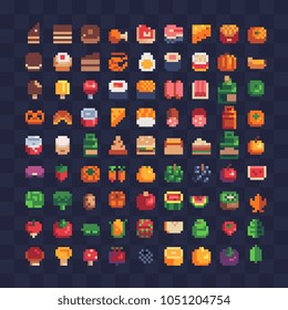 Various food pixel art icons. Design for logo, sticker, web, mobile app. Sweets cakes, croissants, Japanese rolls, fast food,  vegetable, fruits and meat isolated vector illustration. 8-bit sprite.