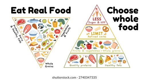 Various food pyramids focused on whole foods with quality proteins, healthy fats and plant fiber. Educational vector illustration inspired by modern dietary guideline approaches