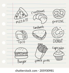 various food in quick drawing style