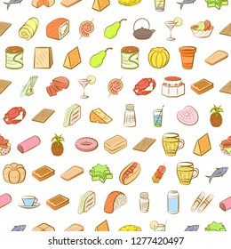 Various food related images set. Background for printing, design, web. Usable as icons. Seamless. Colored.