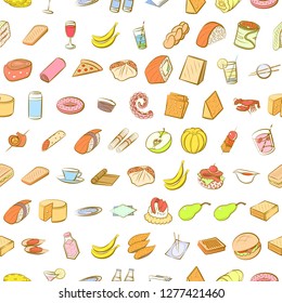 Various food related images set. Background for printing, design, web. Usable as icons. Seamless. Colored.