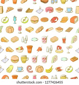 Various food related images set. Background for printing, design, web. Usable as icons. Seamless. Colored.