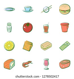 Various food related images set. Background for printing, design, web. Usable as icons. Colored.