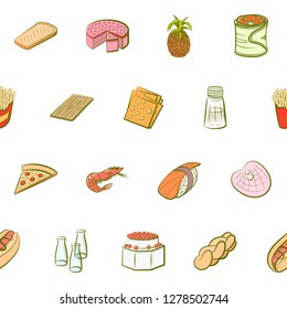 Various food related images set. Background for printing, design, web. Usable as icons. Seamless. Colored.