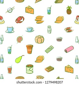 Various food related images set. Background for printing, design, web. Usable as icons. Seamless. Colored.