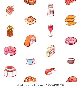 Various food related images set. Background for printing, design, web. Usable as icons. Seamless. Colored.