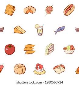 Various food related images set. Background for printing, design, web. Usable as icons. Seamless. Colored.