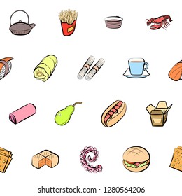 Various food related images set. Background for printing, design, web. Usable as icons. Seamless. Colored.