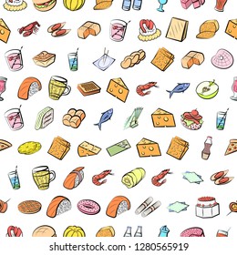 Various food related images set. Background for printing, design, web. Usable as icons. Seamless. Colored.