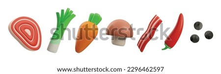 Various food set in cute 3d style, vector illustration isolated on white background. Leek, carrot, mushroom, chili pepper, meat steak and bacon slice. 3d render realistic grocery.