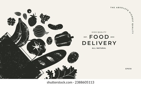 Various food in a shopping bag. Textured silhouette illustration. Healthy food horizontal background.