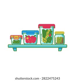 Various food storage containers and jars filled with fresh vegetables and fruits are neatly arranged on a shelf.