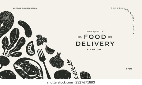 Various food. Textured silhouette illustration. Italian food horizontal background. Vector illustration.