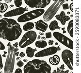 Various food. Textured silhouette seamless pattern. Vegetables background. Vector illustration.