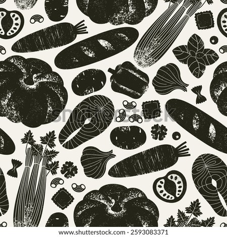 Various food. Textured silhouette seamless pattern. Vegetables background. Vector illustration.
