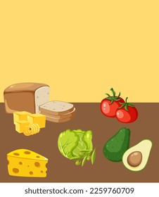 Various foods on the table illustration