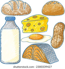 Various foods in Pencil Colour Sketch Simple Style