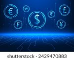 various foreign currency technology background with technology cycle It represents a new era of finance that comes in the electronic money system. by making transactions via the internet