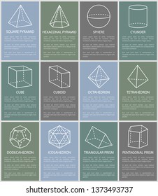 Various form geometric figures vector illustration, sphere and cylinder, cube and cuboid, tetrahedron and octahedron, square and hexagonal pyramids