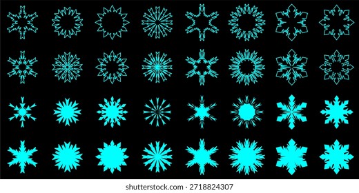 Varias formas de copos de nieve azules aislados sobre un fondo negro, Vector