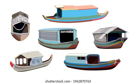 Various forms of Cambodian houseboats.