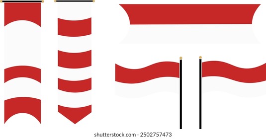 verschiedene Formen von indonesischen Flaggen, Sammlung von indonesischen Flaggenbändern in gebogenen und gestreiften Formen, für Gestaltungselemente, Dekorationen, Banner, Event-Symbole, Flaggensymbole, minimalistisch, einfach,