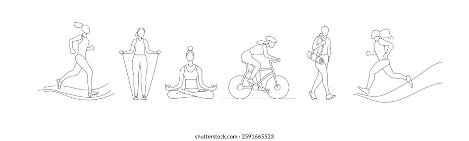 Various forms of physical activity and fitness represented in a line art style