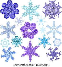 Various forms, sizes and colors of snowflakes. Vector illustration