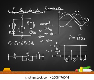 various formulas, calculation and mathematical figures on chalkboard. Vector illustration