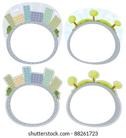 Various frames with landscapes. Flat colour,