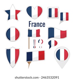 Various France flags set on pole, table flag, mark, star badge and different shapes badges. Patriotic Franconian sticker