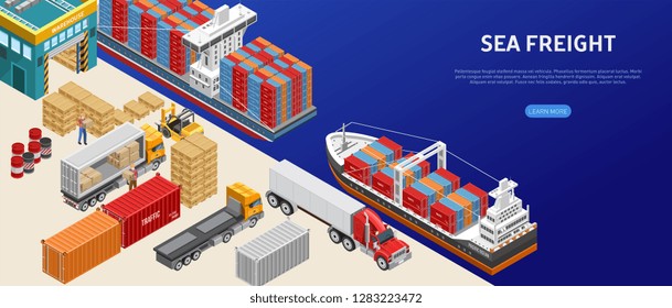 Various freight vehicles and vessels standing in modern cargo port 