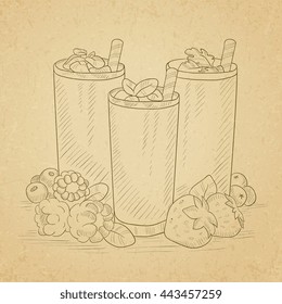 Various fresh berries smoothies in glasses with straw. Fresh drinks hand drawn on old paper vintage background. Vector sketch illustration.