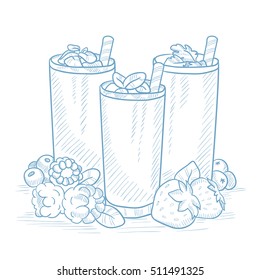 Various fresh berries smoothies in glasses with straw. Smoothies hand drawn on white background. Smoothies in glasses vector illustration. Fresh berries smoothies in glasses sketch illustration.