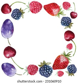 Various fresh berry round frame. Watercolor hand drawn background with plum, raspberry, strawberry, cherry and blackberry. Vector illustration.
