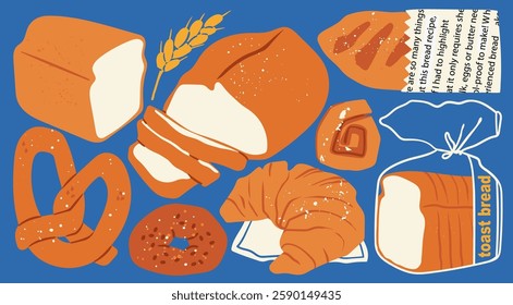 Various fresh bread. Different bakery products. Whole grain, sliced toast bread, cinnabon, bagel bun, pretzel, croissant. Healthy organic pastry food. Hand drawn Vector illustration. Isolated elements