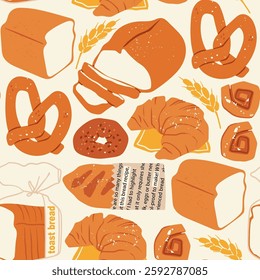 Various fresh bread. Different bakery products. Whole grain, sliced toast bread, cinnabon, bagel bun, pretzel, croissant. Healthy organic pastry food. Hand drawn Vector seamless Pattern