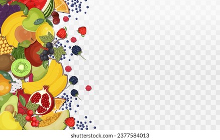 Various fresh fruit collection on left side. Healthy food. Set of melon, watermelon, pineapple, orange, apple, avocado. Vitamin diet, summer harvest. Isolated on white background. Vector illustration