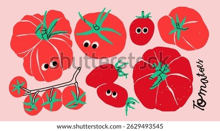 Various fresh, juicy tomatoes. Red tomatoes, cherry tomatoes on a branch. Cute characters with eyes. Hand drawn modern Vector illustration. Isolated design elements. Healthy, natural food concept