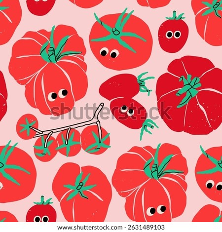Various fresh, juicy tomatoes. Red tomatoes, cherry tomatoes on a branch. Cute characters with eyes. Hand drawn modern Vector illustration. Square seamless Pattern, background, wallpaper