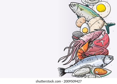 Various fresh meat, seafood, beef, pork isolated on white background. Vector illustration of fresh food.