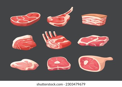 various fresh meat in set on dark
