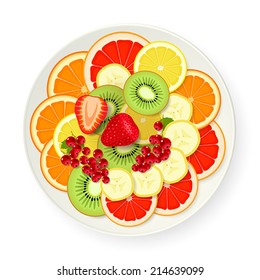 Various fresh multicolored fruits and berries on a white platter