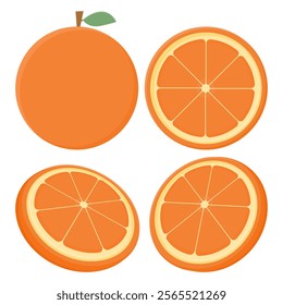 Various Fresh Orange Fruits Vector. Whole and Sliced Orange Fruit Illustration. Natural Orange Fruit Collection.