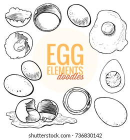 Various fresh raw organic eggs drew as broken , boiled, fried , halves , baked , cooked . Black ink vector doodles with isolated elements for package design or presentation .