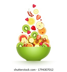 Various fresh ripe fruits and berries are falling in large green bowl over white background. Salad cooking, raw food diet, low calorie products, vegetarian food concept