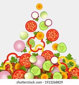 Various fresh ripe vegetables and greenery are falling and stacking over light gray background. Salad cooking, raw food diet, low calorie products, vegetarian food concept