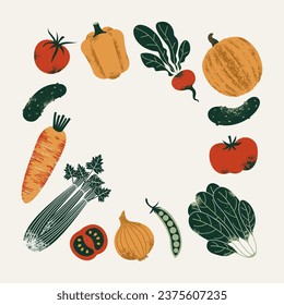 Variada colección de verduras frescas. Marco alimentario. Calabaza con espinacas y pimienta con tomate y pepino. Ilustración vectorial.