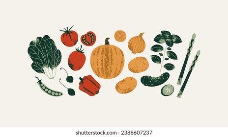 Various fresh vegetables collection. Pumpkin with spinach and pepper with tomato and cucumber. Red green and yellow vegetables.